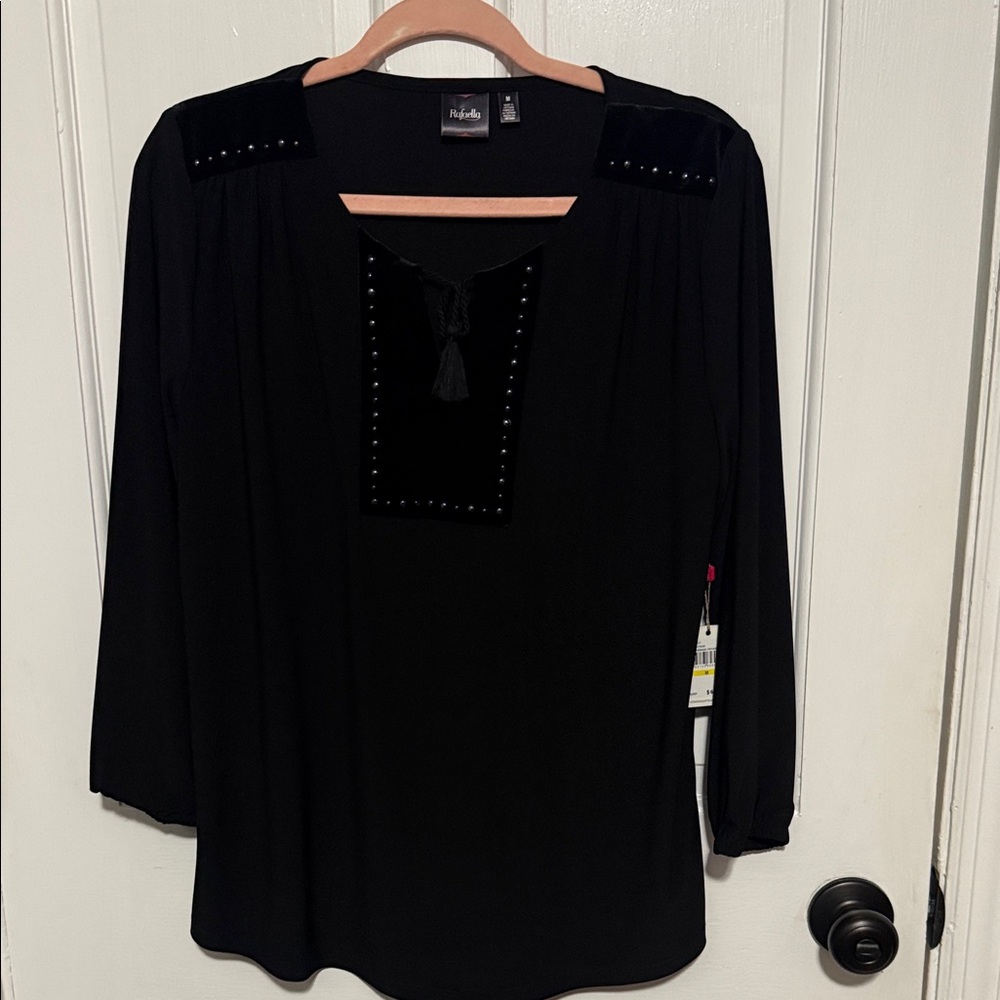 Rafaella Black Blouse with Velvet Trim